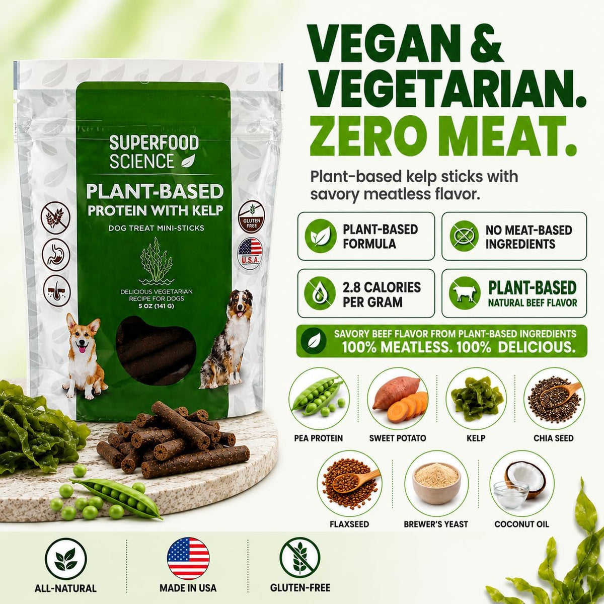 Hypoallergenic Healthy Dog Treats: Plant-Based Vegetarian Dog Snacks w/ Kelp, Sweet Potato, Chia, Flaxseed, Coconut Oil for Skin & Coat, Grain & Gluten-Free Vegan Protein Dog Treats Training, 5 oz