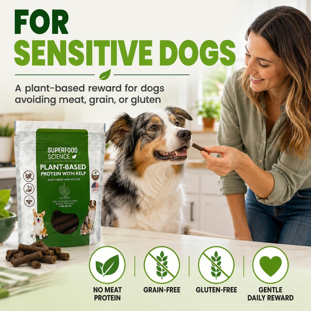 Hypoallergenic Healthy Dog Treats: Plant-Based Vegetarian Dog Snacks w/ Kelp, Sweet Potato, Chia, Flaxseed, Coconut Oil for Skin & Coat, Grain & Gluten-Free Vegan Protein Dog Treats Training, 5 oz