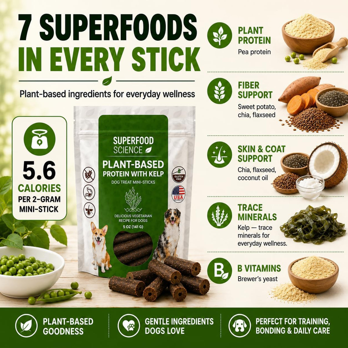 Hypoallergenic Healthy Dog Treats: Plant-Based Vegetarian Dog Snacks w/ Kelp, Sweet Potato, Chia, Flaxseed, Coconut Oil for Skin & Coat, Grain & Gluten-Free Vegan Protein Dog Treats Training, 5 oz