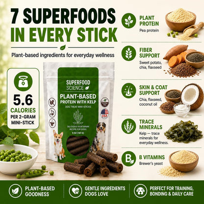 Hypoallergenic Healthy Dog Treats: Plant-Based Vegetarian Dog Snacks w/ Kelp, Sweet Potato, Chia, Flaxseed, Coconut Oil for Skin & Coat, Grain & Gluten-Free Vegan Protein Dog Treats Training, 5 oz