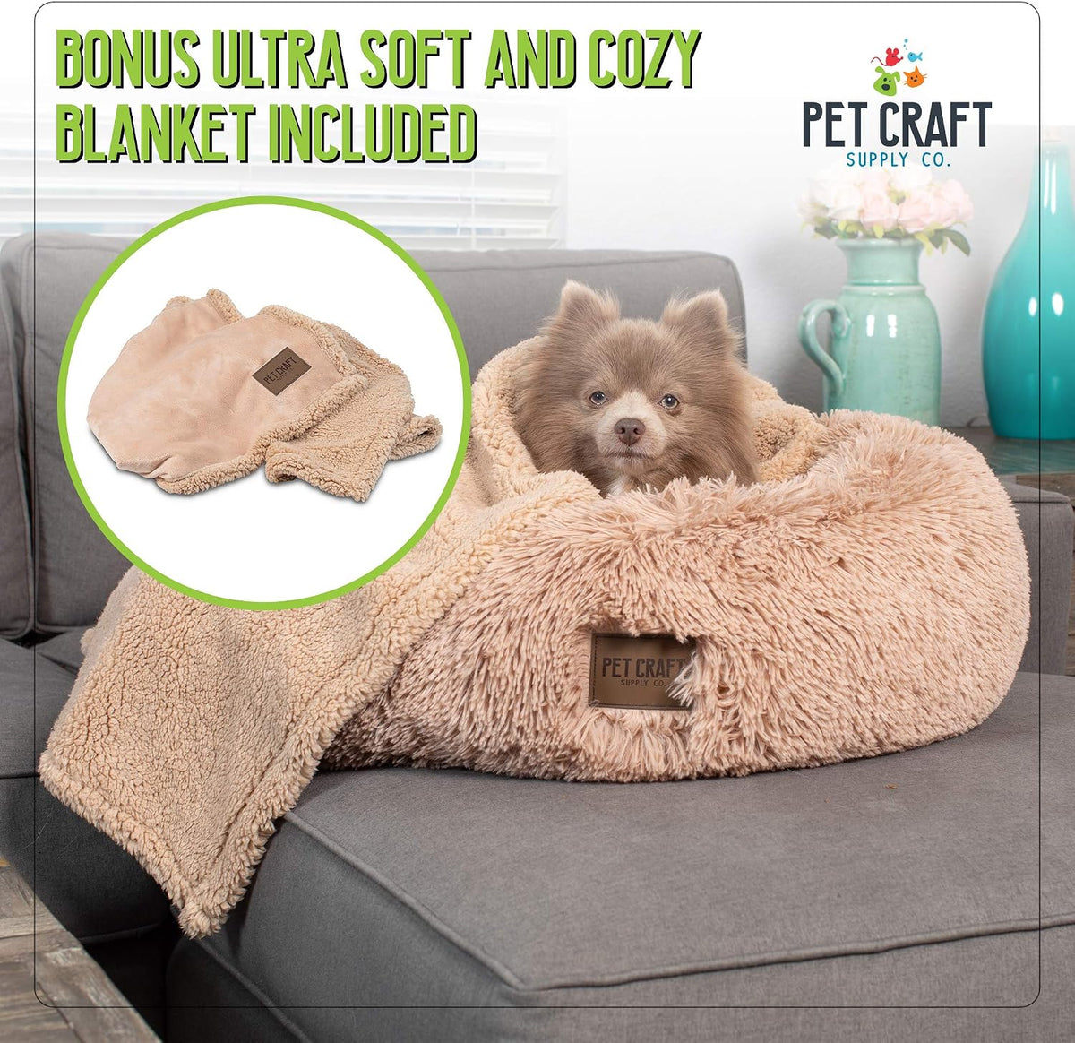 Pet Craft Supply Ultra Plush Calming Anti-Anxiety Pet Bed - Includes Super Soft Comfort Blanket - Great Medium Dog, Puppy and Cat Bed