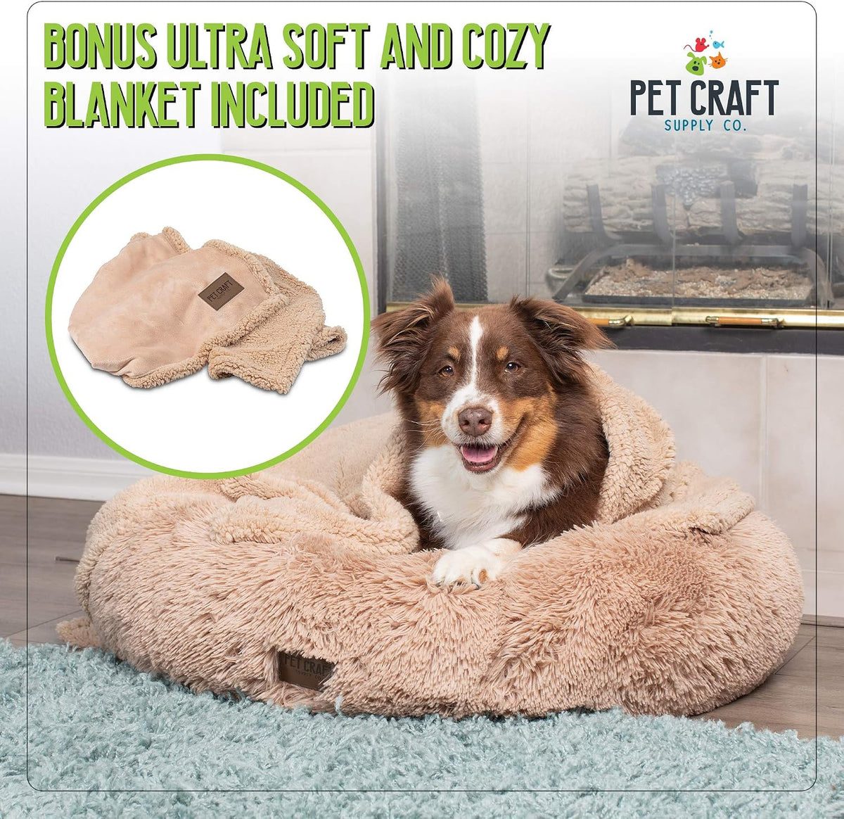Pet Craft Supply Ultra Plush Calming Anti-Anxiety Pet Bed - Includes Super Soft Comfort Blanket - Great Medium Dog, Puppy and Cat Bed
