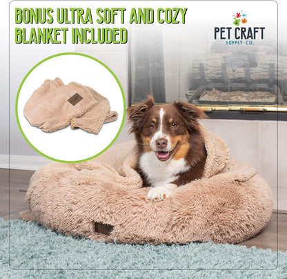 Pet Craft Supply Ultra Plush Calming Anti-Anxiety Pet Bed - Includes Super Soft Comfort Blanket - Great Medium Dog, Puppy and Cat Bed
