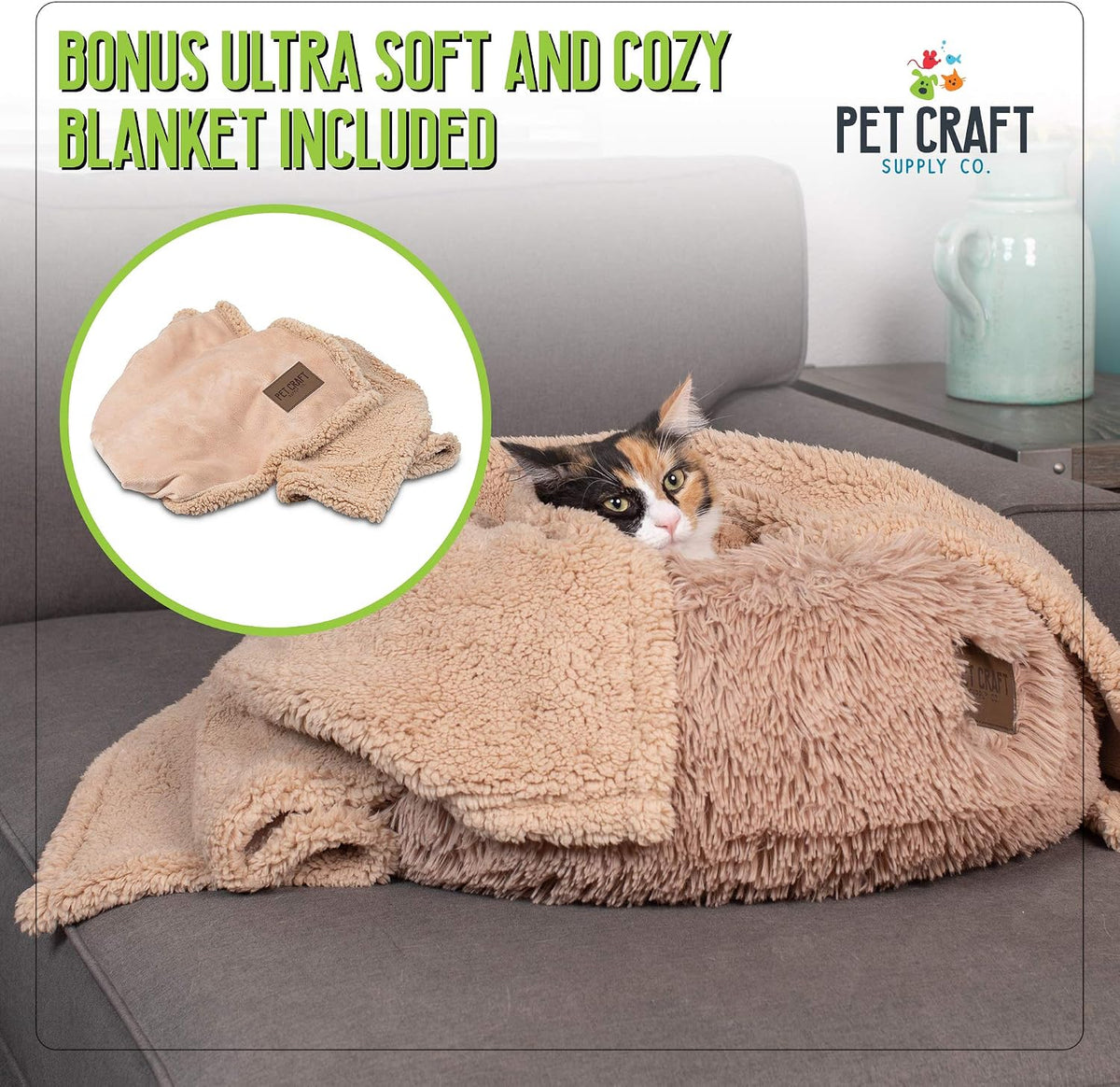 Pet Craft Supply Ultra Plush Calming Anti-Anxiety Pet Bed - Includes Super Soft Comfort Blanket - Great Medium Dog, Puppy and Cat Bed