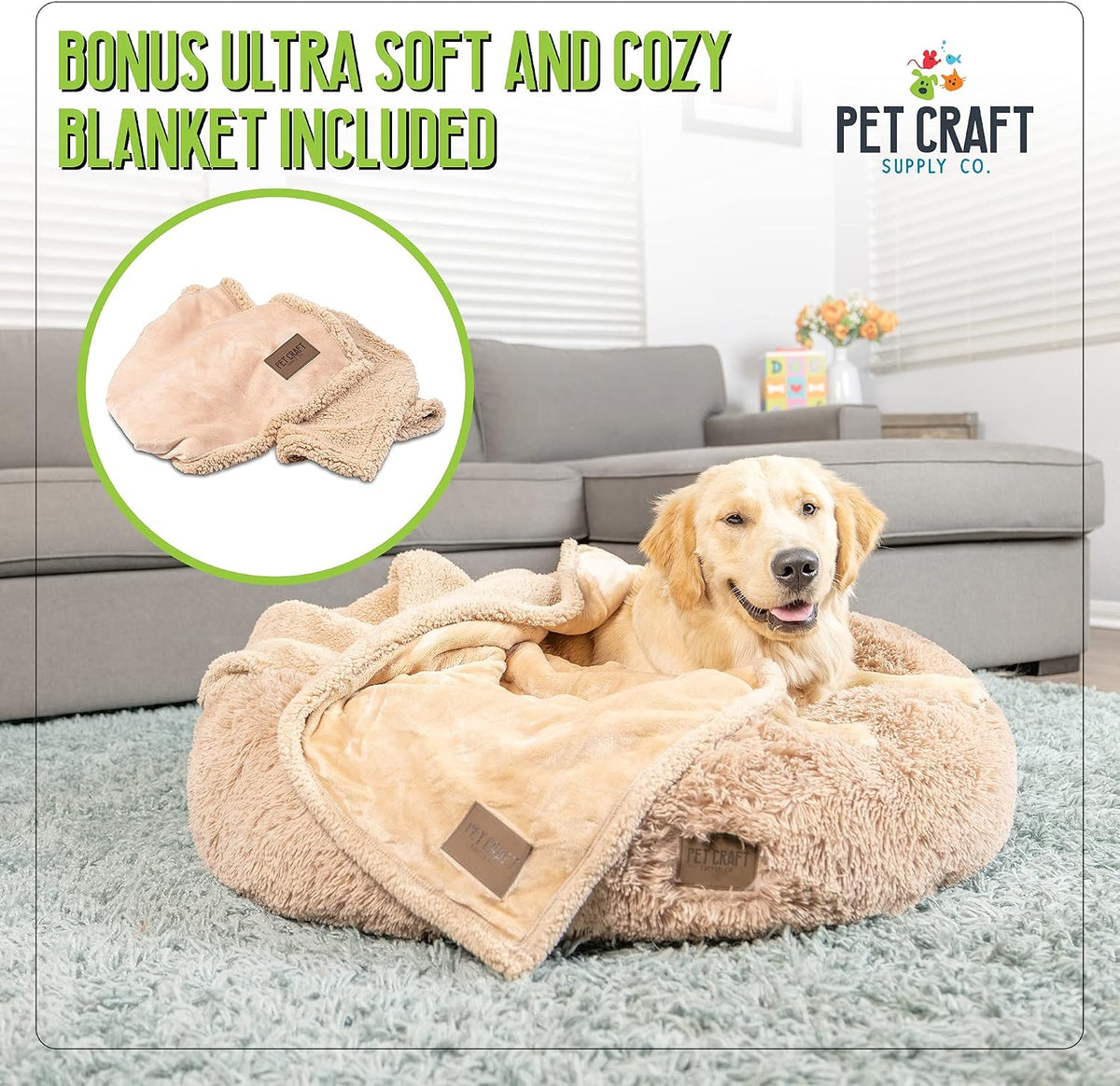 Pet Craft Supply Ultra Plush Calming Anti-Anxiety Pet Bed - Includes Super Soft Comfort Blanket - Great Medium Dog, Puppy and Cat Bed