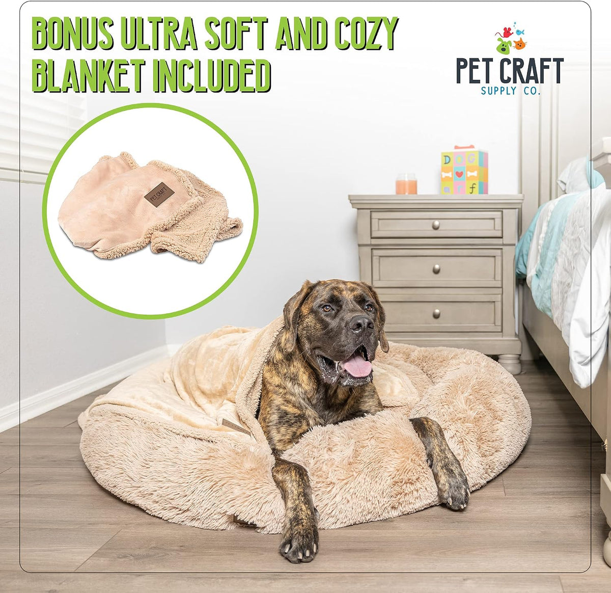 Pet Craft Supply Ultra Plush Calming Anti-Anxiety Pet Bed - Includes Super Soft Comfort Blanket - Great Medium Dog, Puppy and Cat Bed