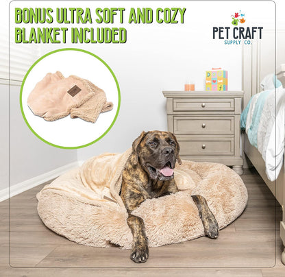 Pet Craft Supply Ultra Plush Calming Anti-Anxiety Pet Bed - Includes Super Soft Comfort Blanket - Great Medium Dog, Puppy and Cat Bed