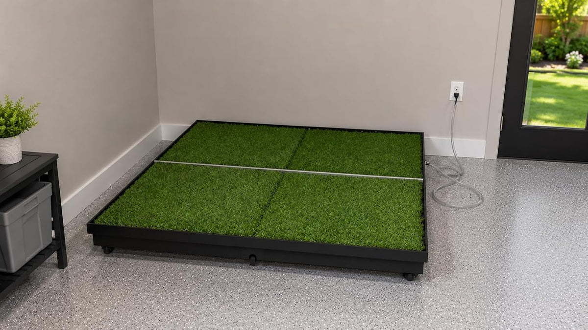Quick and Clean 4' x 4' Basic Dog Potty Station with SmartDrain Wastewater System – Artificial Grass Indoor & Outdoor Dog Potty, Automatic Liquid Removal, Locking Casters, No Floor Drain Required