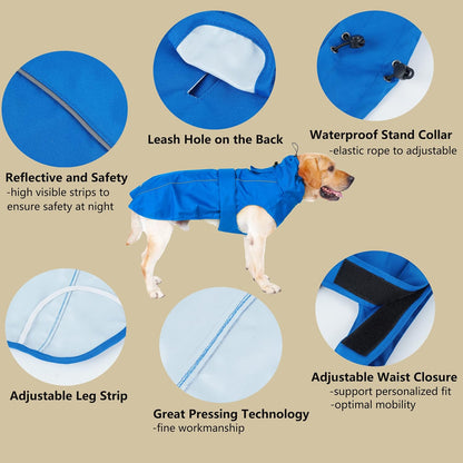 Adjustable Waterproof Dog Raincoat for Dogs,Lightweight Pet Rain Jacket Puppy Clothes with Reflective Strip for Small Medium Large Dogs (Blue, X-Large)