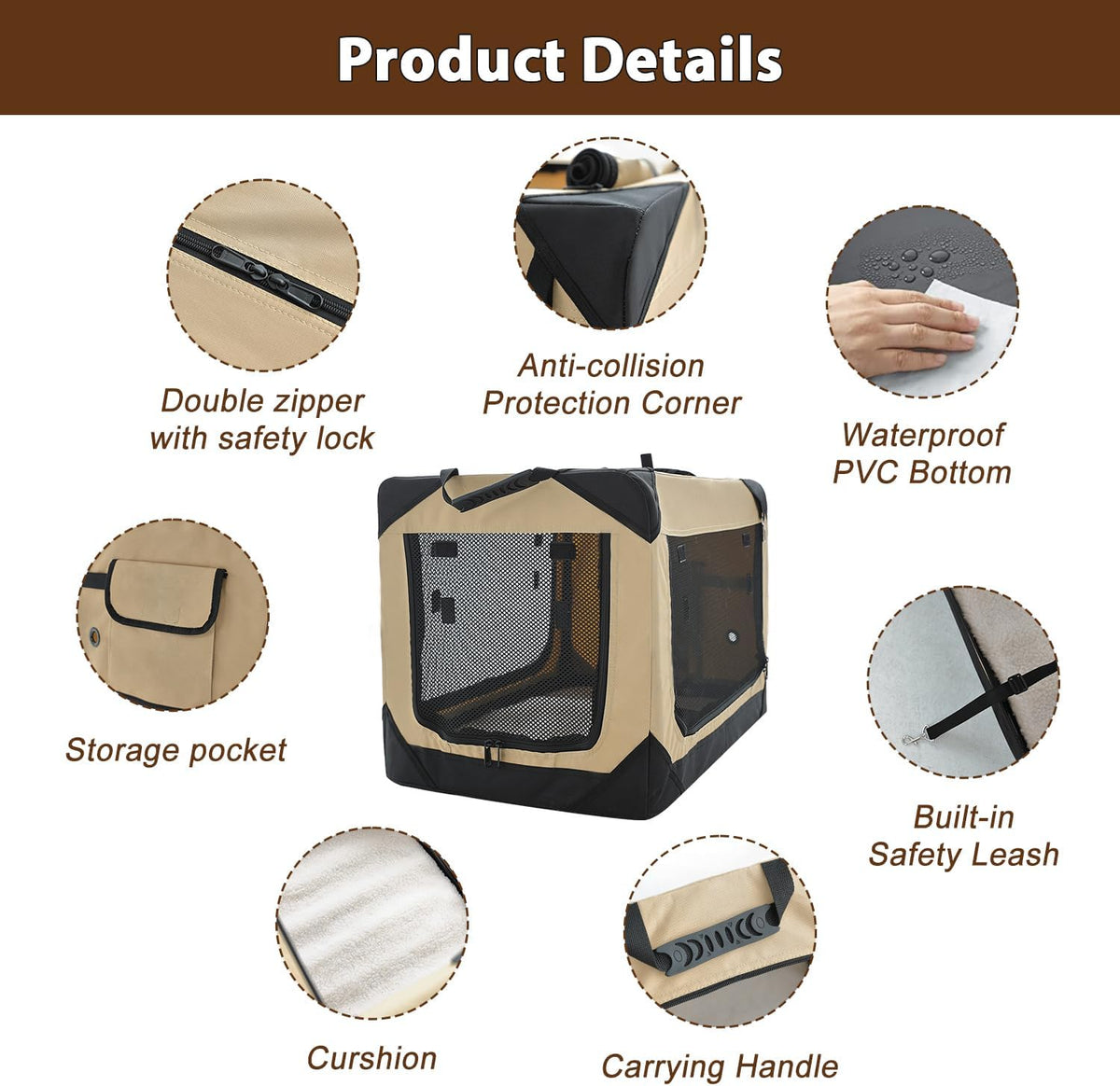 36 Inch Collapsible Soft Dog Crate for Large Dogs, 4-Door Foldable Travel Dog Kennel with Durable Mesh Windows for Indoor & Outdoor Portable Pet Crate, Soft Side Dog Crate, Beige