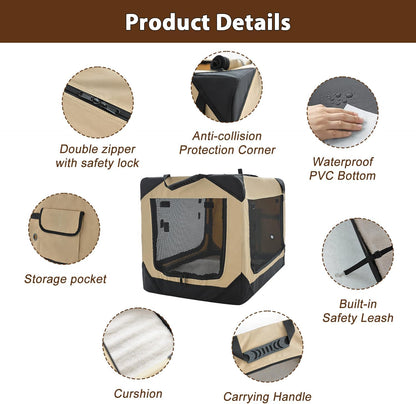 36 Inch Collapsible Soft Dog Crate for Large Dogs, 4-Door Foldable Travel Dog Kennel with Durable Mesh Windows for Indoor & Outdoor Portable Pet Crate, Soft Side Dog Crate, Beige