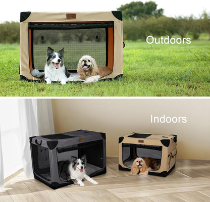 36 Inch Collapsible Soft Dog Crate for Large Dogs, 4-Door Foldable Travel Dog Kennel with Durable Mesh Windows for Indoor & Outdoor Portable Pet Crate, Soft Side Dog Crate, Beige