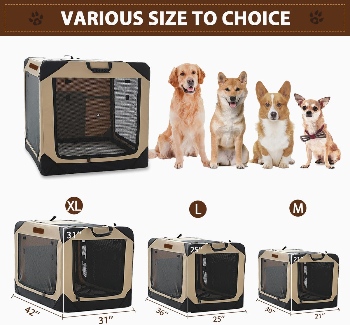 36 Inch Collapsible Soft Dog Crate for Large Dogs, 4-Door Foldable Travel Dog Kennel with Durable Mesh Windows for Indoor & Outdoor Portable Pet Crate, Soft Side Dog Crate, Beige