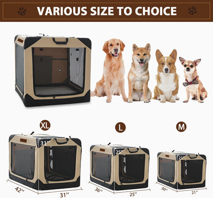 36 Inch Collapsible Soft Dog Crate for Large Dogs, 4-Door Foldable Travel Dog Kennel with Durable Mesh Windows for Indoor & Outdoor Portable Pet Crate, Soft Side Dog Crate, Beige