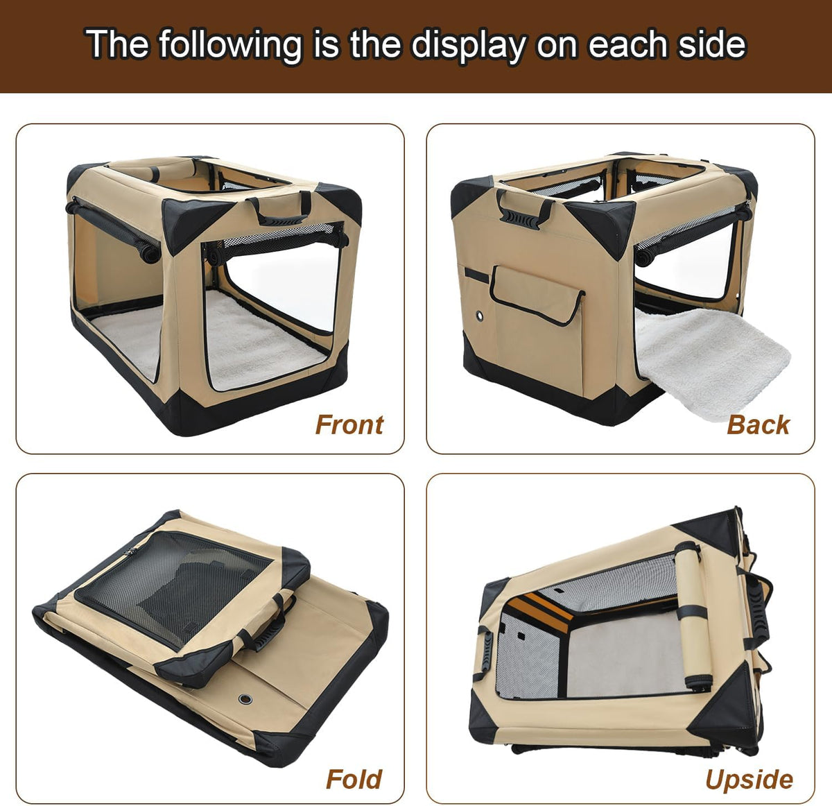 36 Inch Collapsible Soft Dog Crate for Large Dogs, 4-Door Foldable Travel Dog Kennel with Durable Mesh Windows for Indoor & Outdoor Portable Pet Crate, Soft Side Dog Crate, Beige