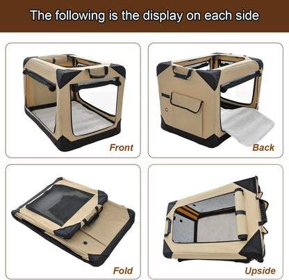 36 Inch Collapsible Soft Dog Crate for Large Dogs, 4-Door Foldable Travel Dog Kennel with Durable Mesh Windows for Indoor & Outdoor Portable Pet Crate, Soft Side Dog Crate, Beige