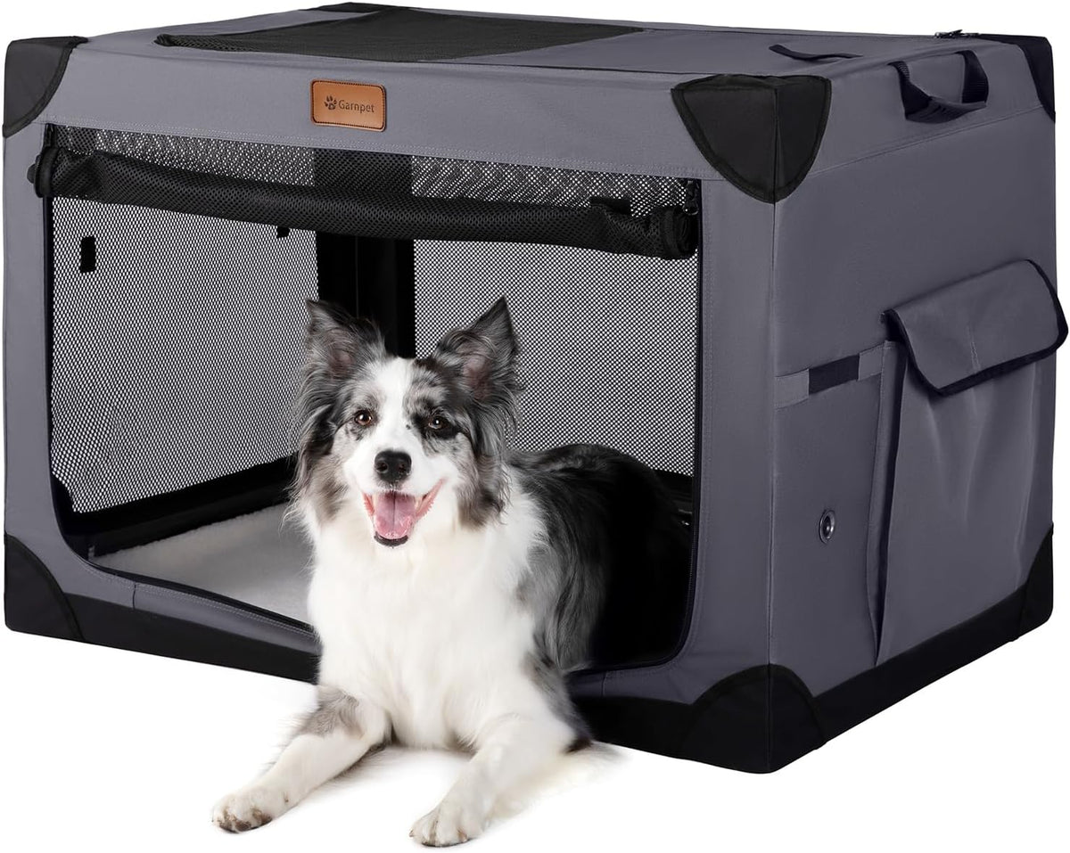 36 Inch Collapsible Soft Dog Crate for Large Dogs, 4-Door Foldable Travel Dog Kennel with Durable Mesh Windows for Indoor & Outdoor Portable Pet Crate, Soft Side Dog Crate, Beige