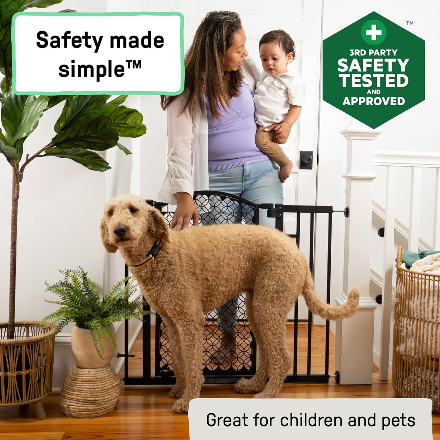 Decorative Extra Tall Baby Gate & Dog Gate, 28.5"-48" Wide, 36" Tall, Hardware or Pressure Mounted, Install on Top or Bottom of Stairs, Banister, or Doorway - White