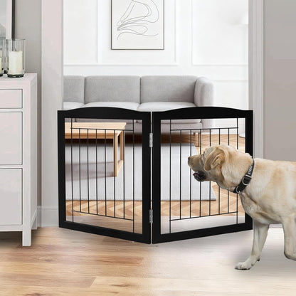 Freestanding Foldable Dog Gate for House Extra Wide Wooden White Indoor Puppy Gate Stairs Doorways Pet Gate Tall Dog Fence 3 Panels Fence