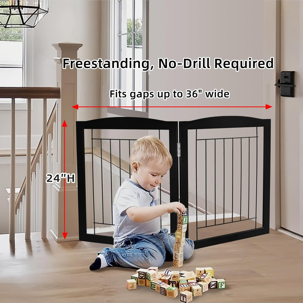 Freestanding Foldable Dog Gate for House Extra Wide Wooden White Indoor Puppy Gate Stairs Doorways Pet Gate Tall Dog Fence 3 Panels Fence