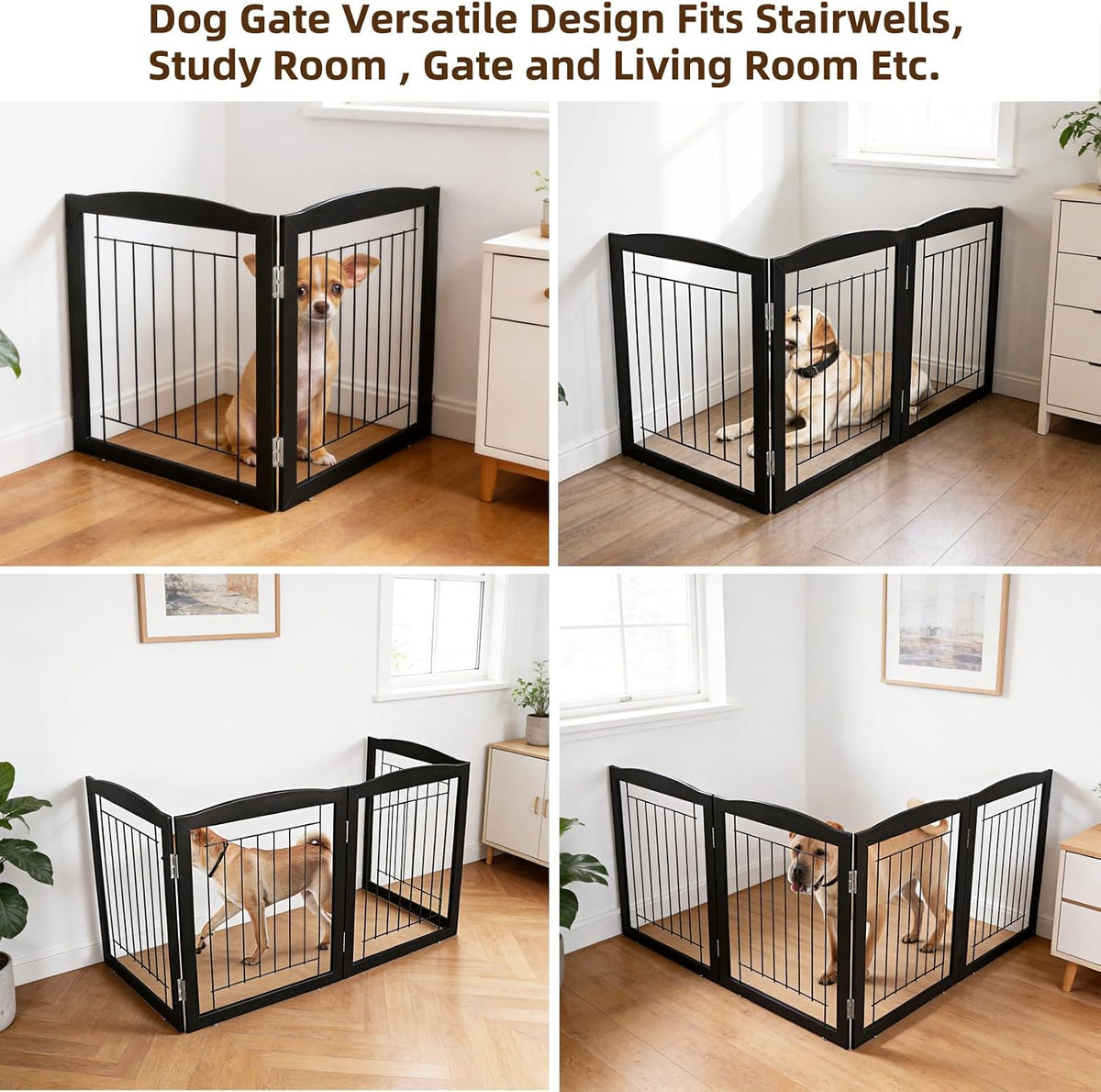Freestanding Foldable Dog Gate for House Extra Wide Wooden White Indoor Puppy Gate Stairs Doorways Pet Gate Tall Dog Fence 3 Panels Fence