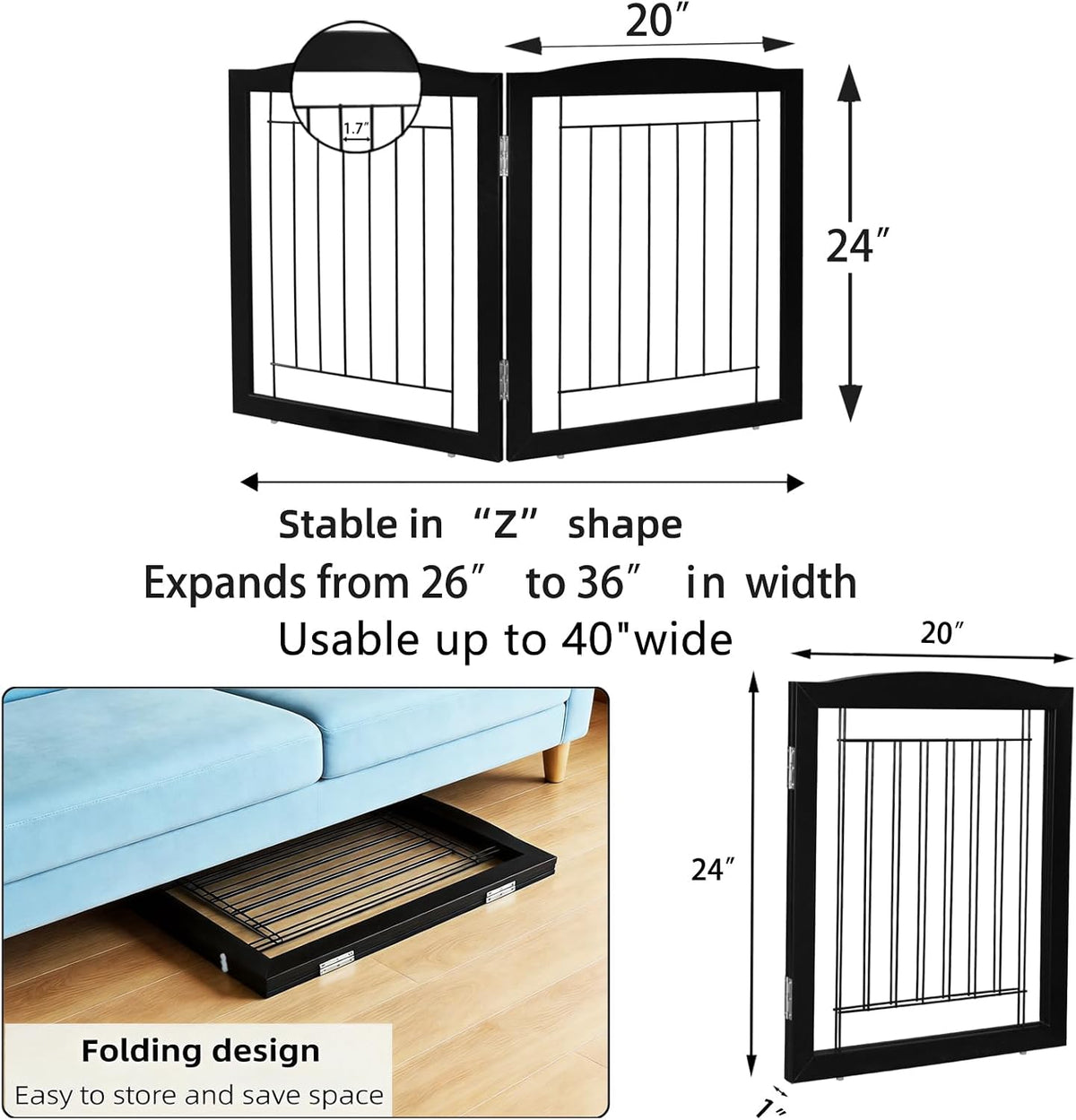 Freestanding Foldable Dog Gate for House Extra Wide Wooden White Indoor Puppy Gate Stairs Doorways Pet Gate Tall Dog Fence 3 Panels Fence