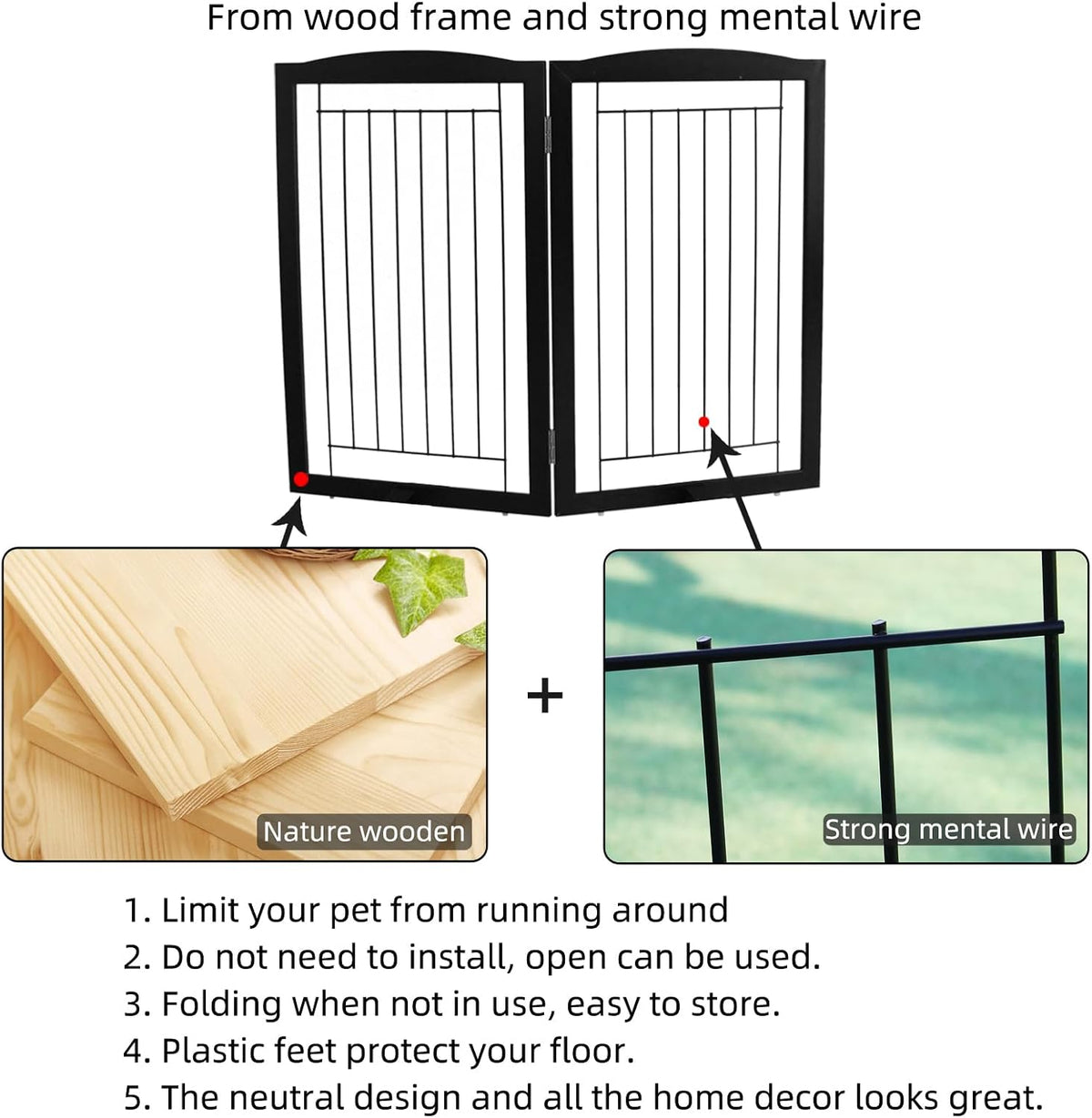Freestanding Foldable Dog Gate for House Extra Wide Wooden White Indoor Puppy Gate Stairs Doorways Pet Gate Tall Dog Fence 3 Panels Fence