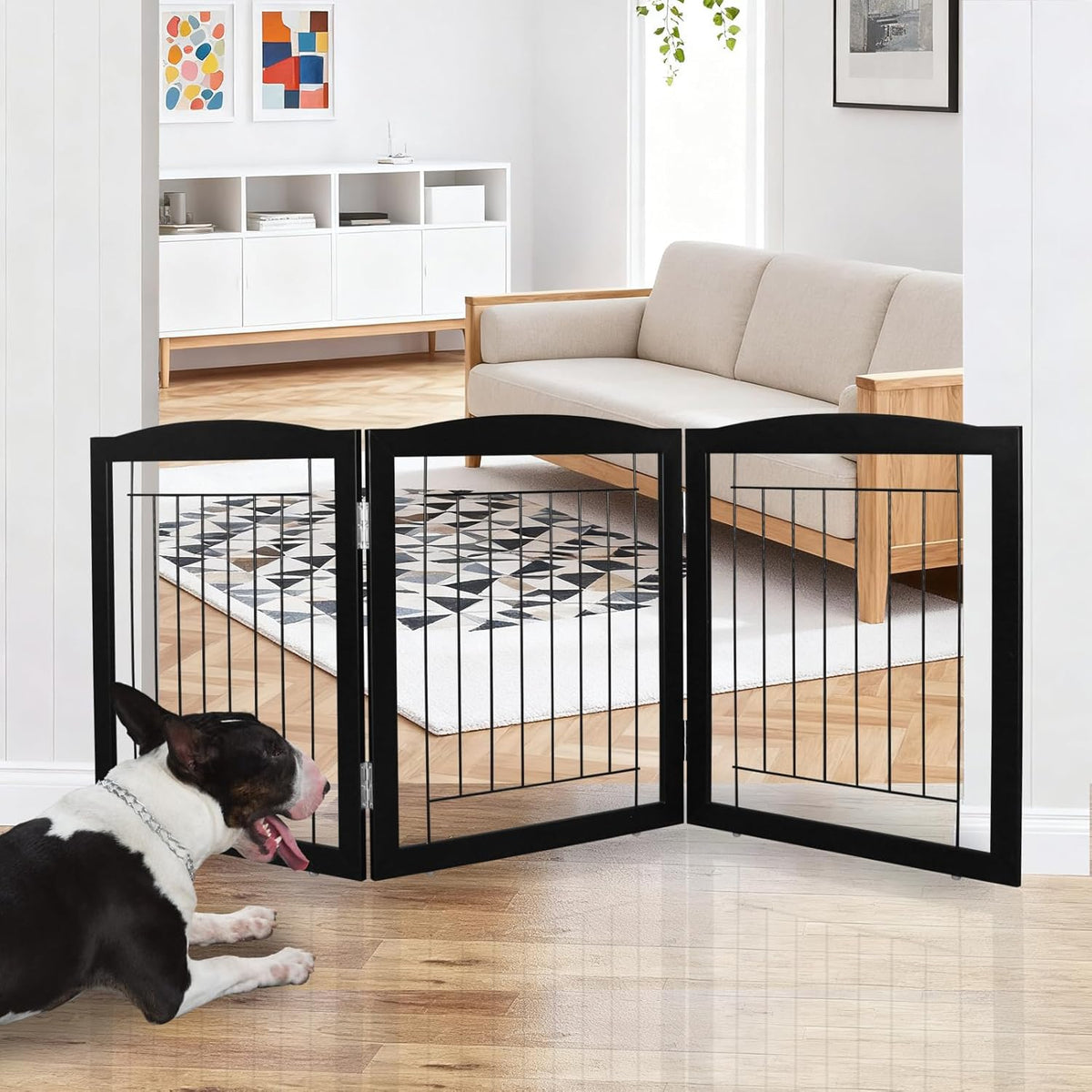 Freestanding Foldable Dog Gate for House Extra Wide Wooden White Indoor Puppy Gate Stairs Doorways Pet Gate Tall Dog Fence 3 Panels Fence