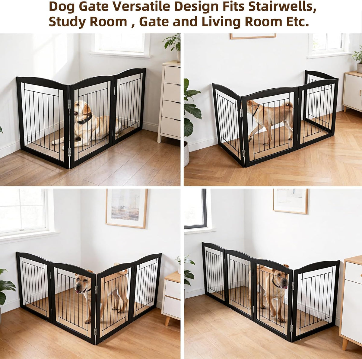 Freestanding Foldable Dog Gate for House Extra Wide Wooden White Indoor Puppy Gate Stairs Doorways Pet Gate Tall Dog Fence 3 Panels Fence