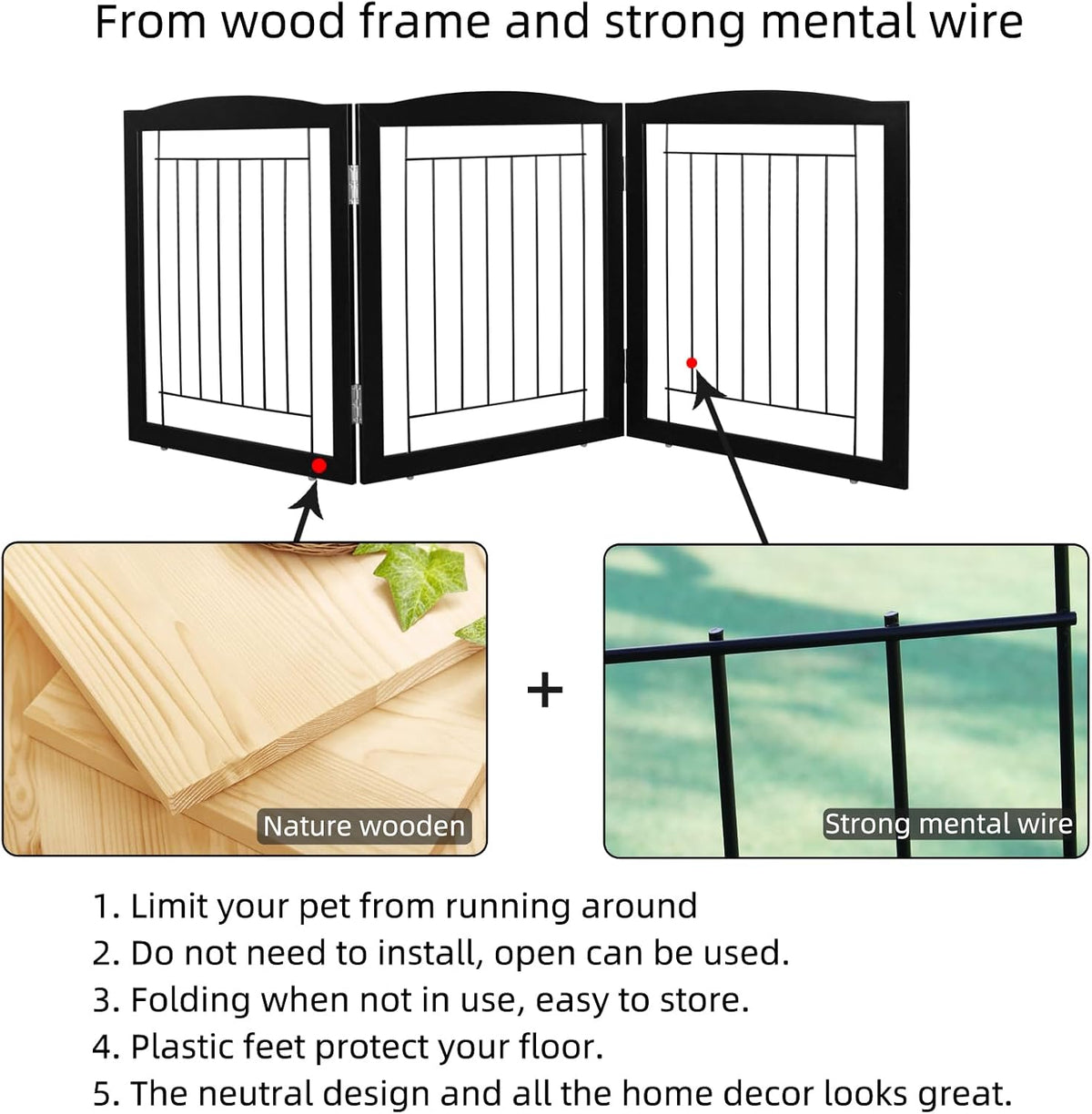 Freestanding Foldable Dog Gate for House Extra Wide Wooden White Indoor Puppy Gate Stairs Doorways Pet Gate Tall Dog Fence 3 Panels Fence