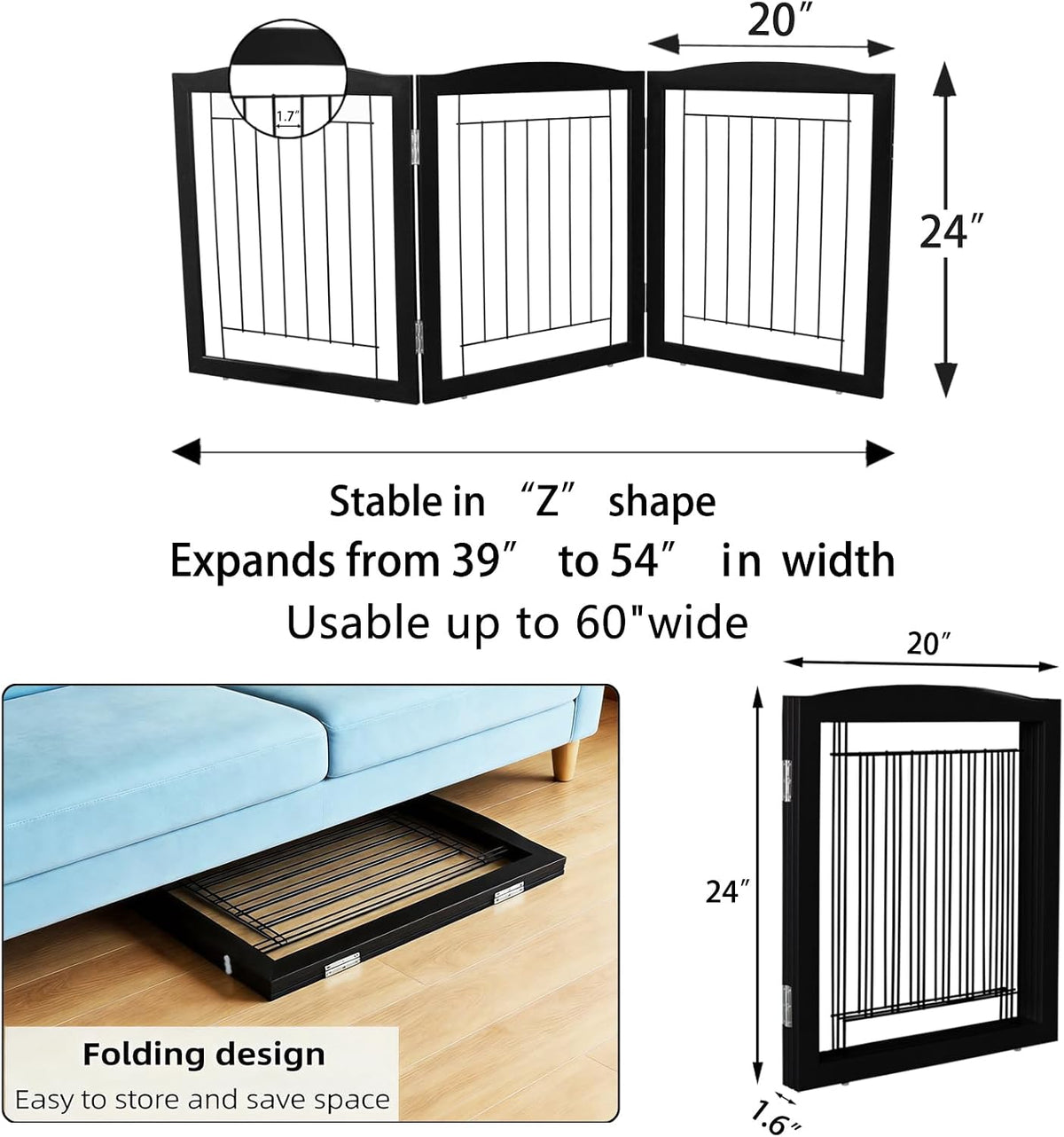 Freestanding Foldable Dog Gate for House Extra Wide Wooden White Indoor Puppy Gate Stairs Doorways Pet Gate Tall Dog Fence 3 Panels Fence