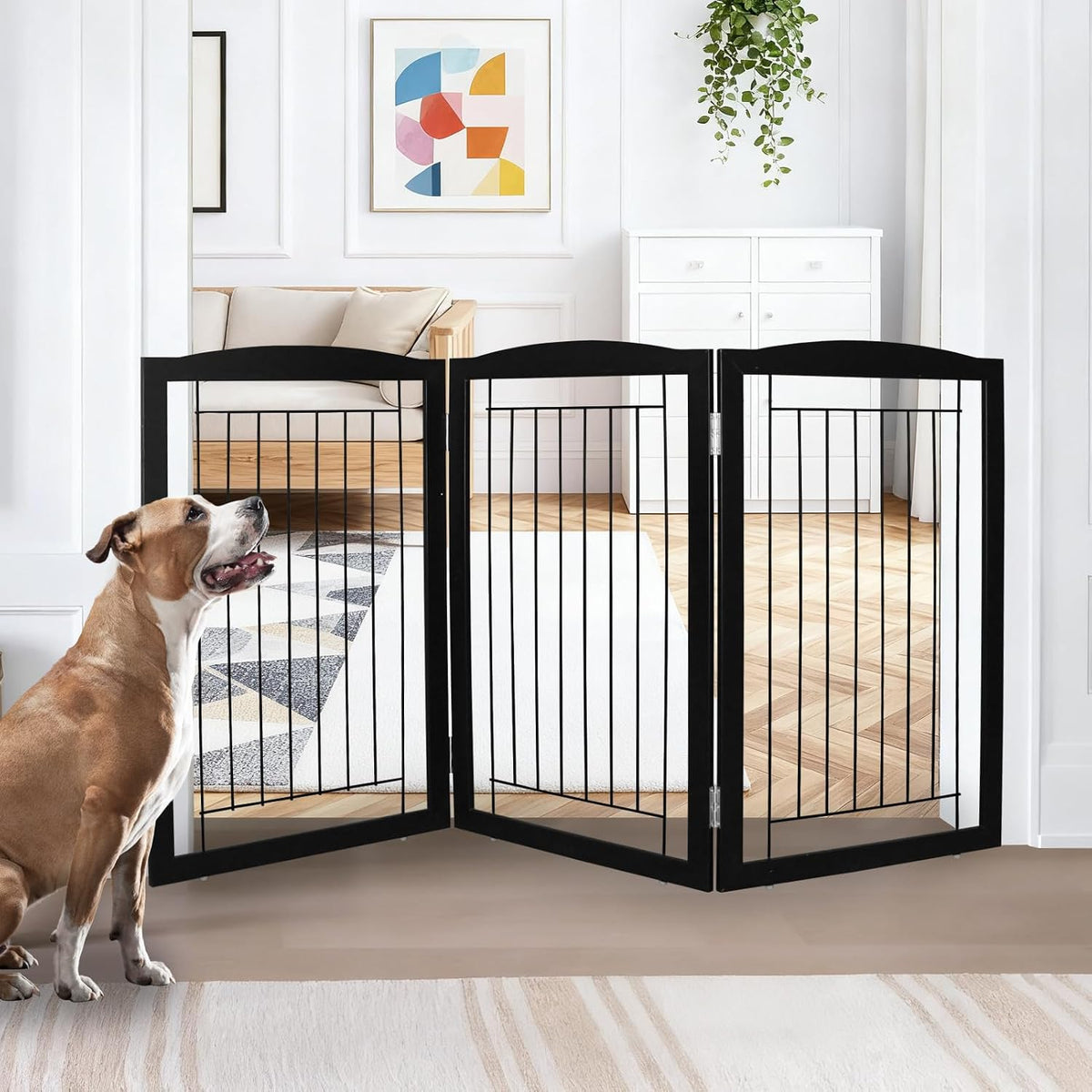 Freestanding Foldable Dog Gate for House Extra Wide Wooden White Indoor Puppy Gate Stairs Doorways Pet Gate Tall Dog Fence 3 Panels Fence