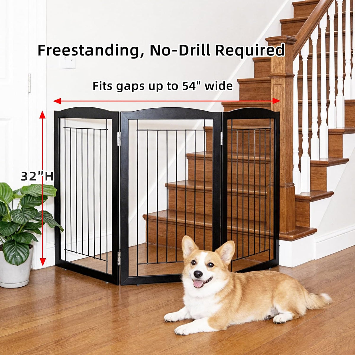 Freestanding Foldable Dog Gate for House Extra Wide Wooden White Indoor Puppy Gate Stairs Doorways Pet Gate Tall Dog Fence 3 Panels Fence