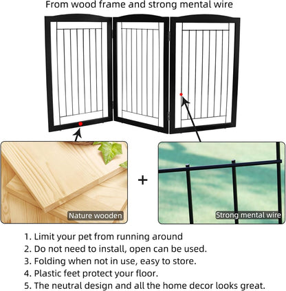 Freestanding Foldable Dog Gate for House Extra Wide Wooden White Indoor Puppy Gate Stairs Doorways Pet Gate Tall Dog Fence 3 Panels Fence