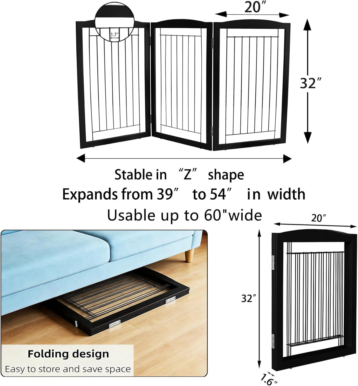 Freestanding Foldable Dog Gate for House Extra Wide Wooden White Indoor Puppy Gate Stairs Doorways Pet Gate Tall Dog Fence 3 Panels Fence