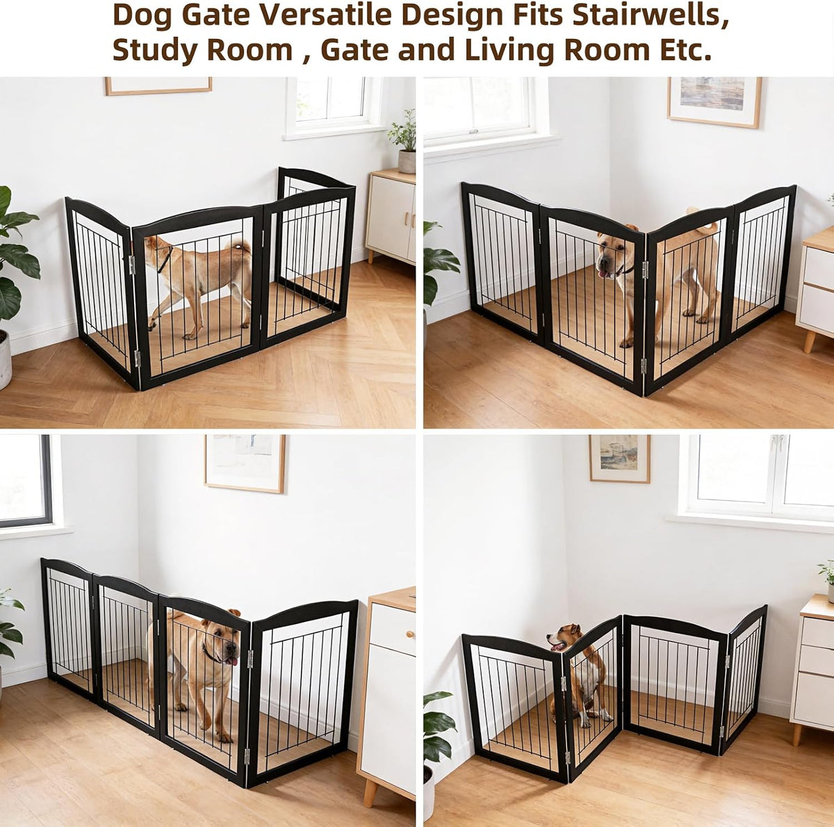 Freestanding Foldable Dog Gate for House Extra Wide Wooden White Indoor Puppy Gate Stairs Doorways Pet Gate Tall Dog Fence 3 Panels Fence