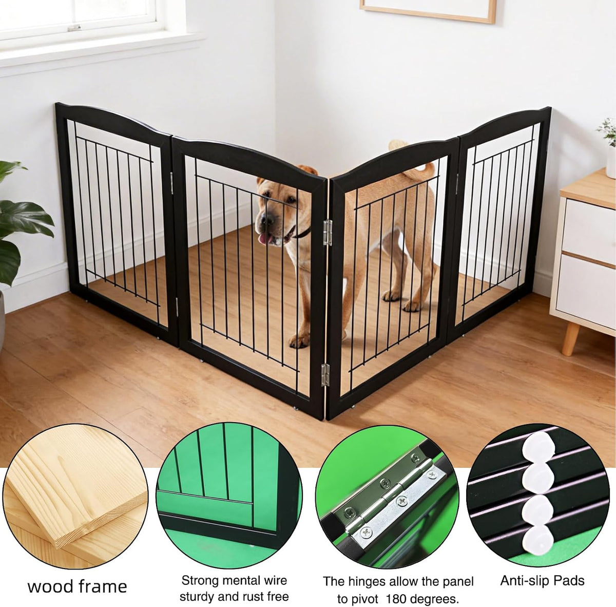 Freestanding Foldable Dog Gate for House Extra Wide Wooden White Indoor Puppy Gate Stairs Doorways Pet Gate Tall Dog Fence 3 Panels Fence