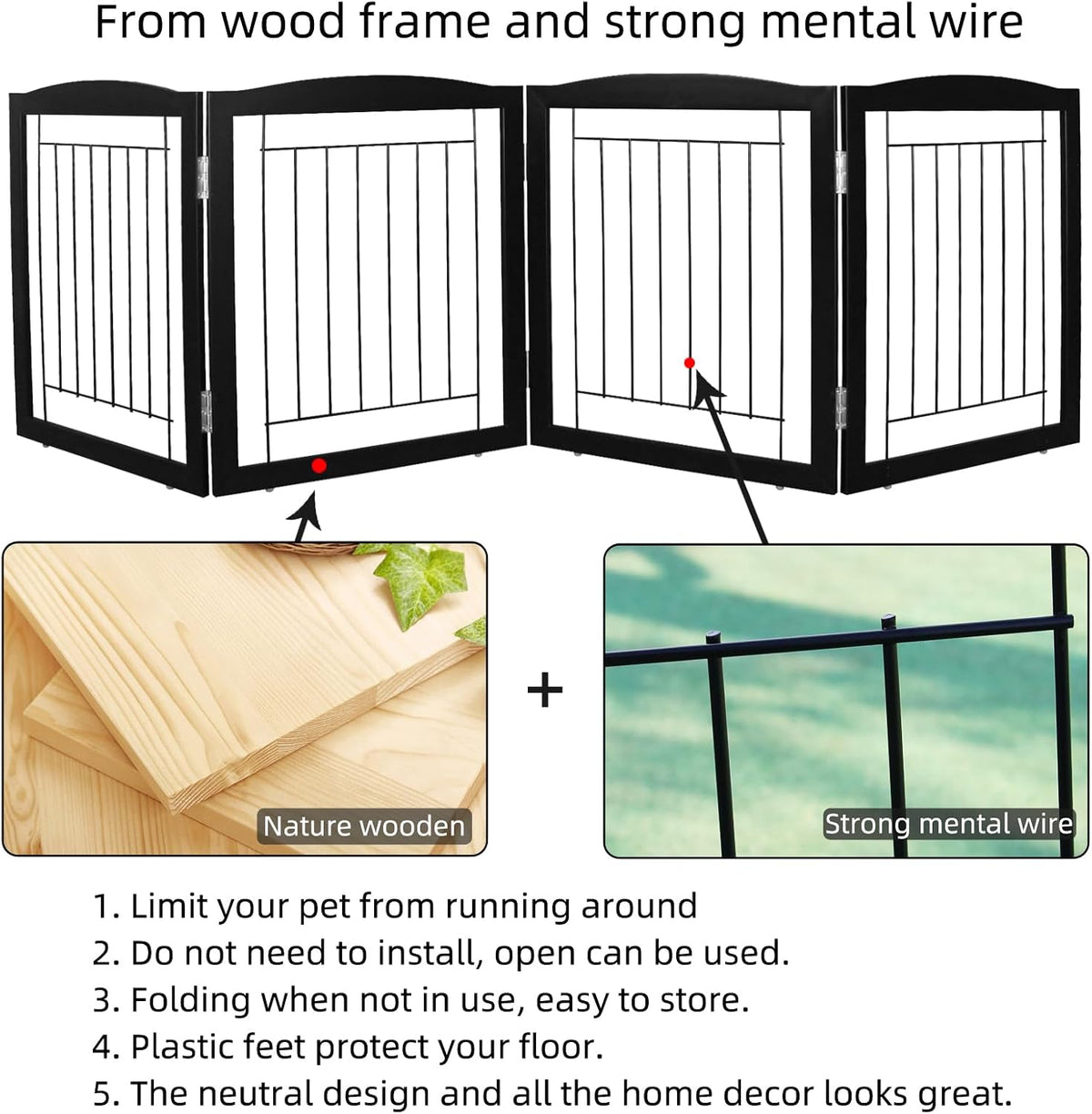 Freestanding Foldable Dog Gate for House Extra Wide Wooden White Indoor Puppy Gate Stairs Doorways Pet Gate Tall Dog Fence 3 Panels Fence