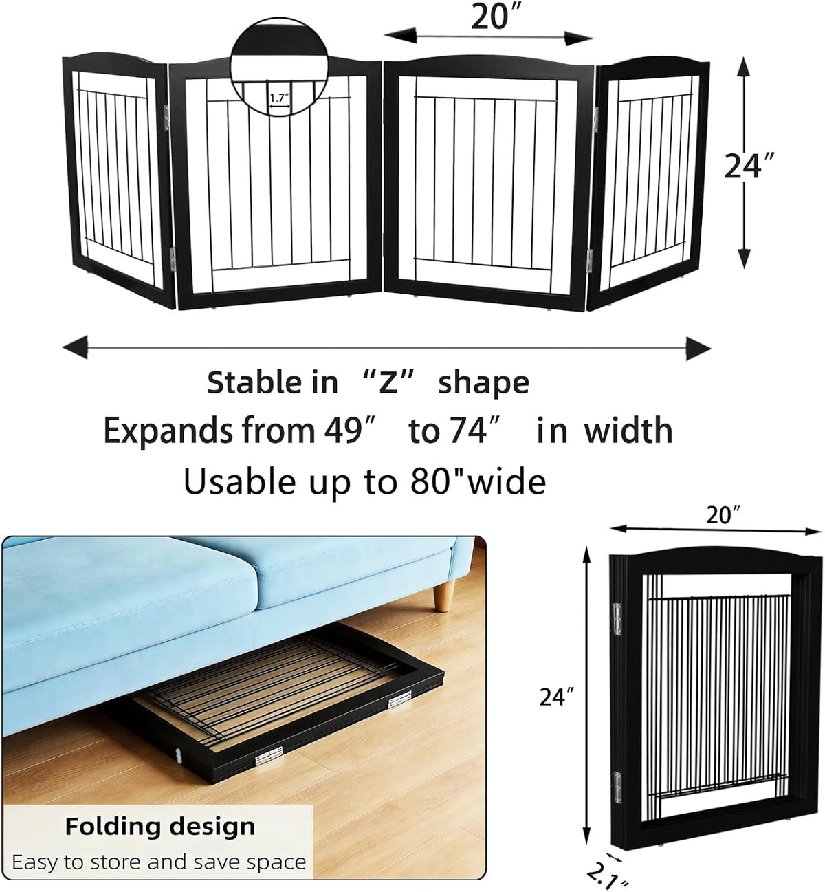 Freestanding Foldable Dog Gate for House Extra Wide Wooden White Indoor Puppy Gate Stairs Doorways Pet Gate Tall Dog Fence 3 Panels Fence