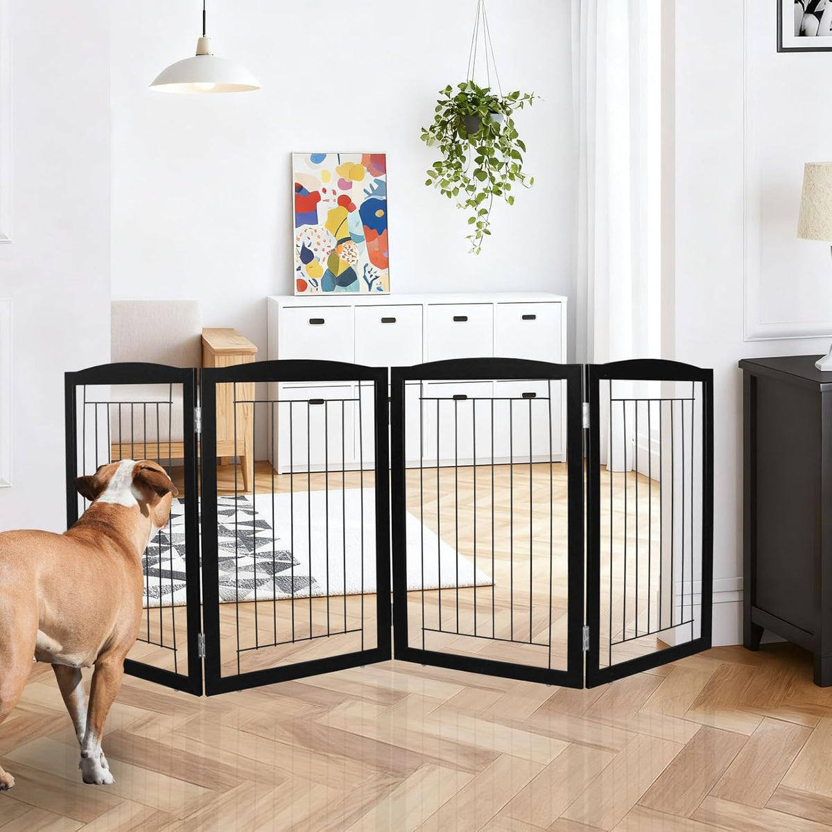 Freestanding Foldable Dog Gate for House Extra Wide Wooden White Indoor Puppy Gate Stairs Doorways Pet Gate Tall Dog Fence 3 Panels Fence