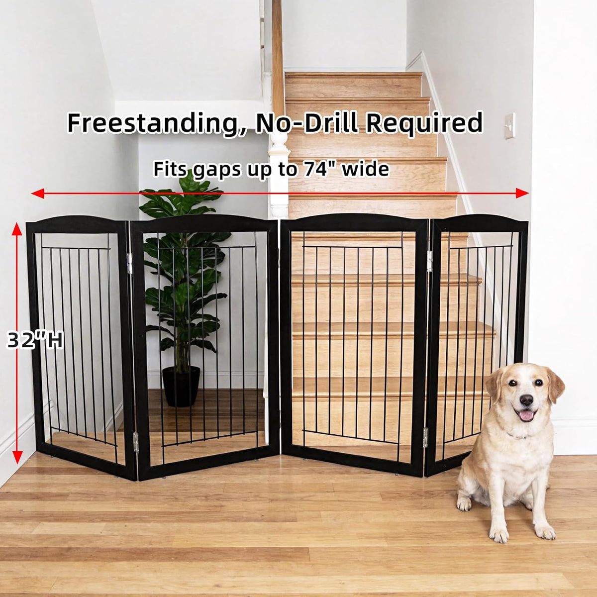 Freestanding Foldable Dog Gate for House Extra Wide Wooden White Indoor Puppy Gate Stairs Doorways Pet Gate Tall Dog Fence 3 Panels Fence