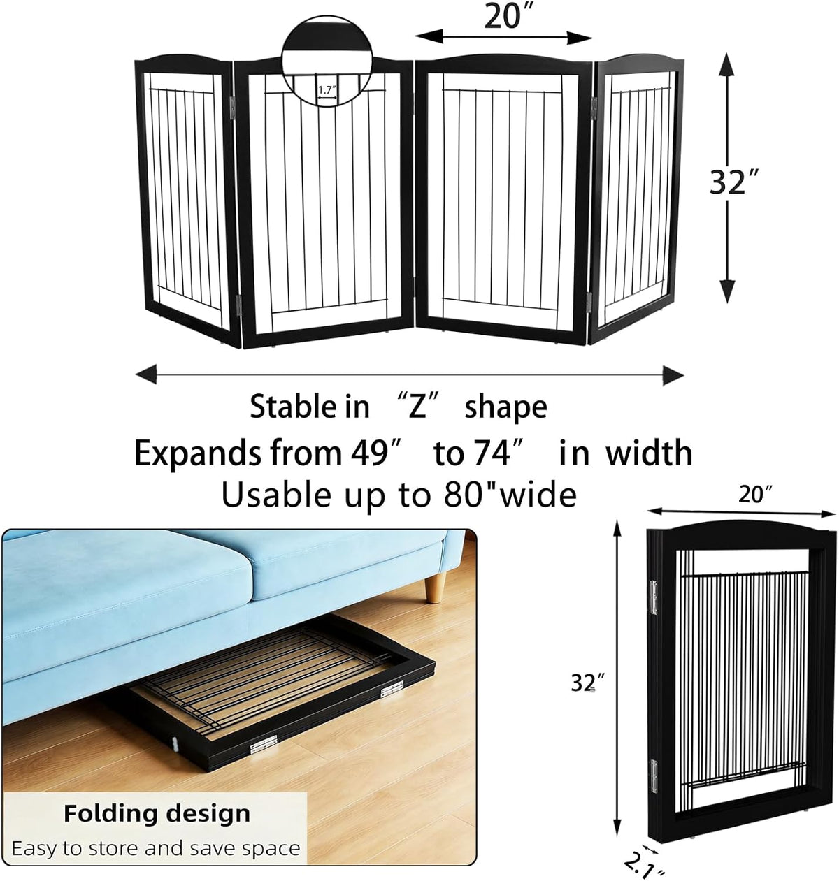 Freestanding Foldable Dog Gate for House Extra Wide Wooden White Indoor Puppy Gate Stairs Doorways Pet Gate Tall Dog Fence 3 Panels Fence