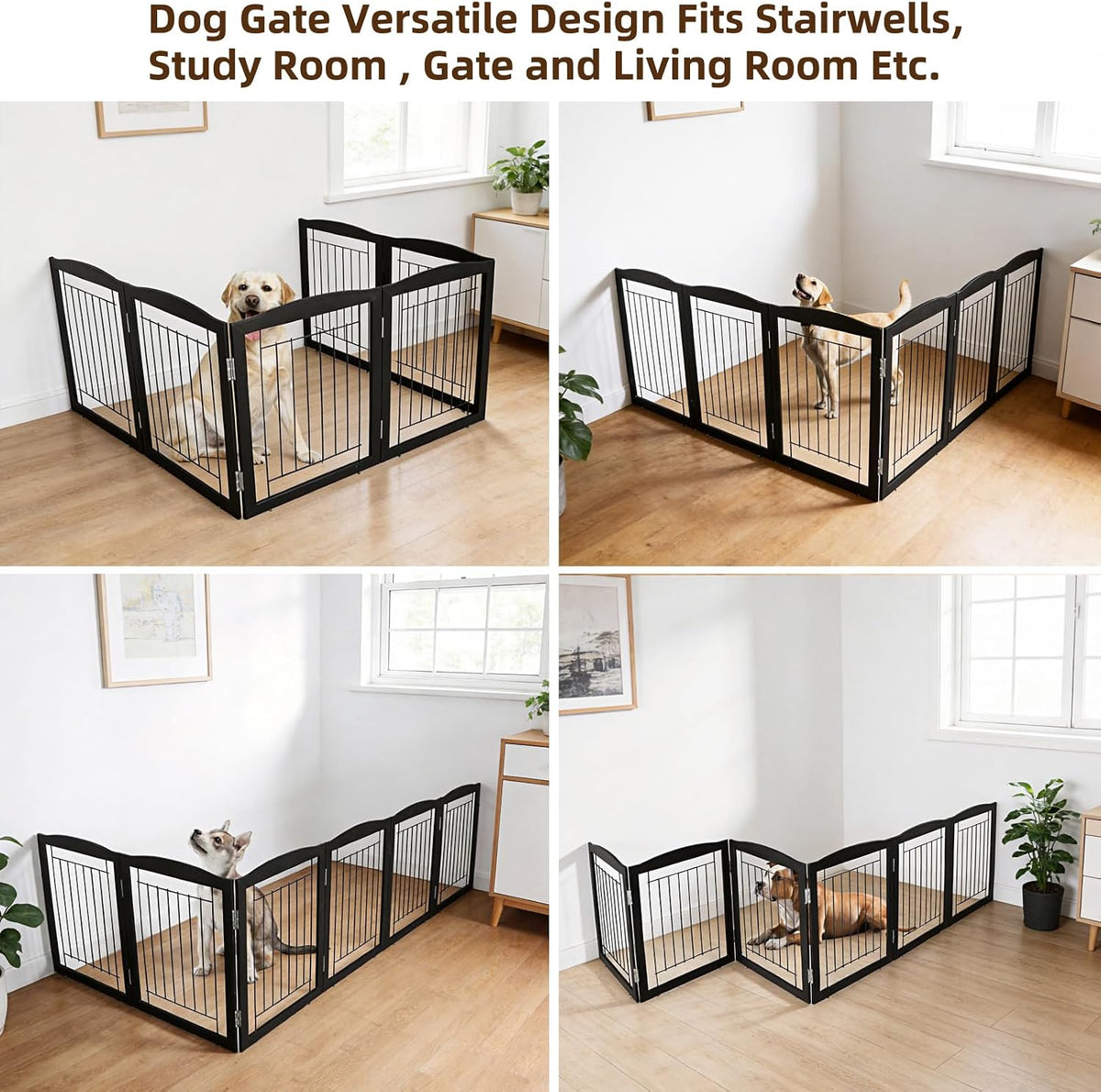 Freestanding Foldable Dog Gate for House Extra Wide Wooden White Indoor Puppy Gate Stairs Doorways Pet Gate Tall Dog Fence 3 Panels Fence