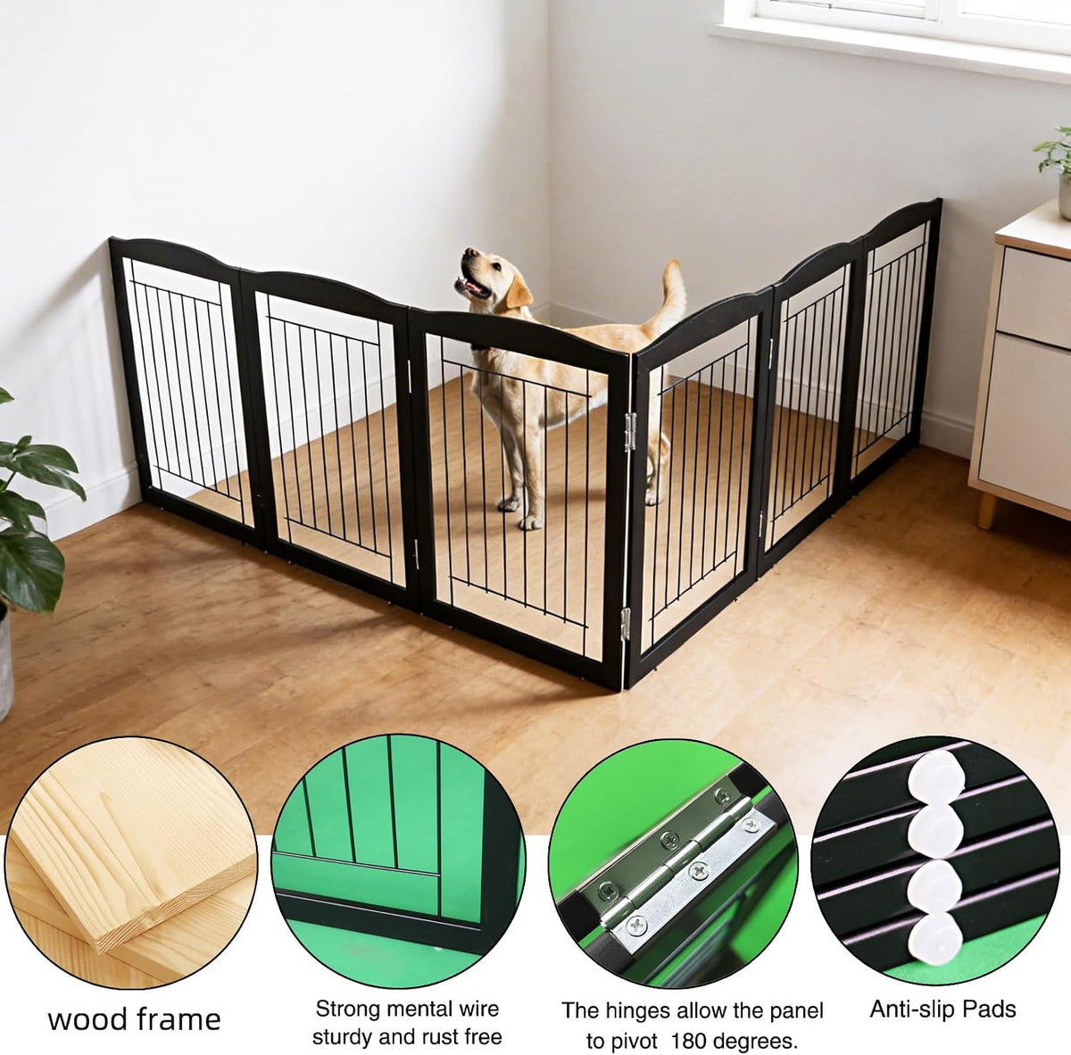 Freestanding Foldable Dog Gate for House Extra Wide Wooden White Indoor Puppy Gate Stairs Doorways Pet Gate Tall Dog Fence 3 Panels Fence