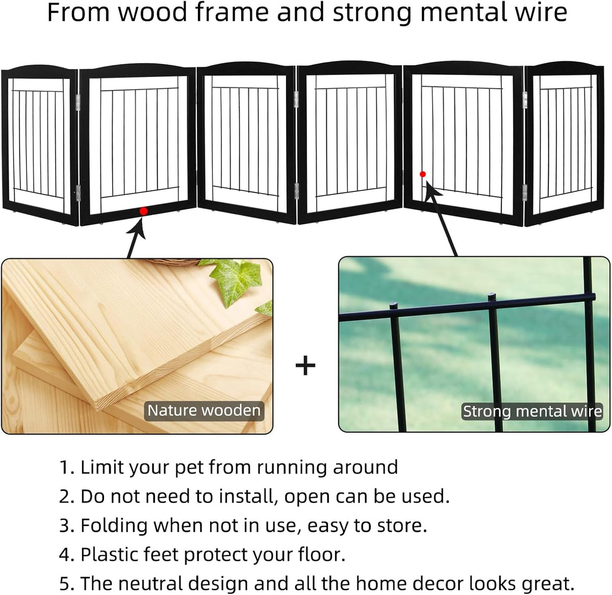Freestanding Foldable Dog Gate for House Extra Wide Wooden White Indoor Puppy Gate Stairs Doorways Pet Gate Tall Dog Fence 3 Panels Fence