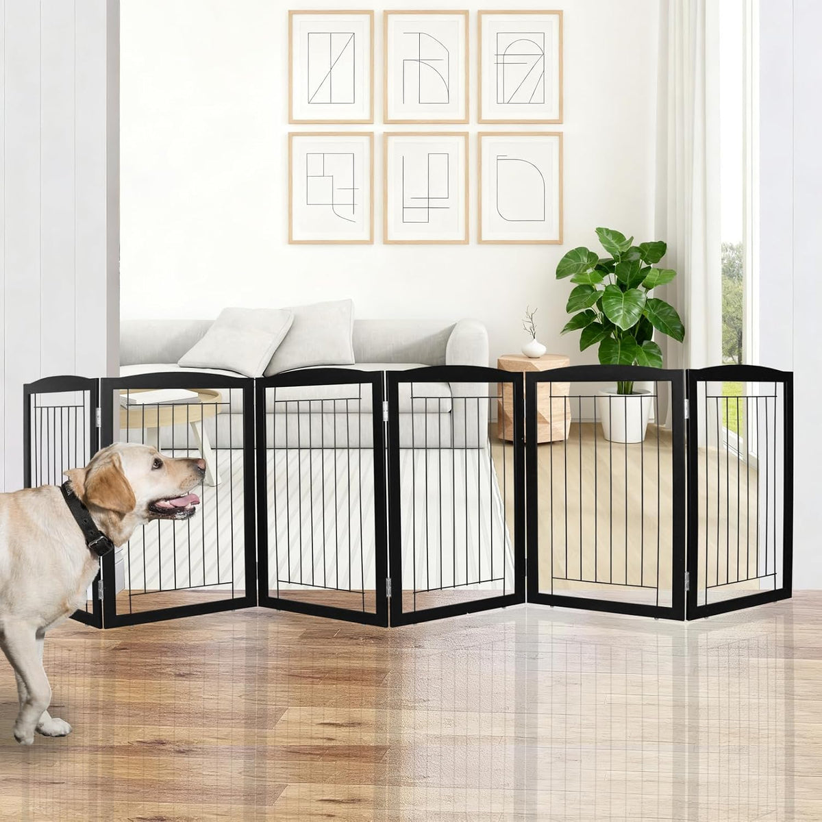 Freestanding Foldable Dog Gate for House Extra Wide Wooden White Indoor Puppy Gate Stairs Doorways Pet Gate Tall Dog Fence 3 Panels Fence
