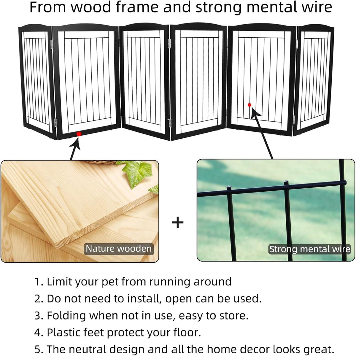 Freestanding Foldable Dog Gate for House Extra Wide Wooden White Indoor Puppy Gate Stairs Doorways Pet Gate Tall Dog Fence 3 Panels Fence