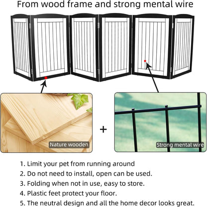 Freestanding Foldable Dog Gate for House Extra Wide Wooden White Indoor Puppy Gate Stairs Doorways Pet Gate Tall Dog Fence 3 Panels Fence