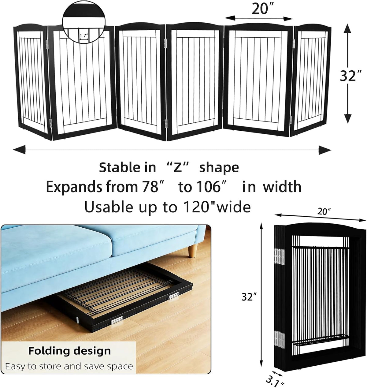 Freestanding Foldable Dog Gate for House Extra Wide Wooden White Indoor Puppy Gate Stairs Doorways Pet Gate Tall Dog Fence 3 Panels Fence