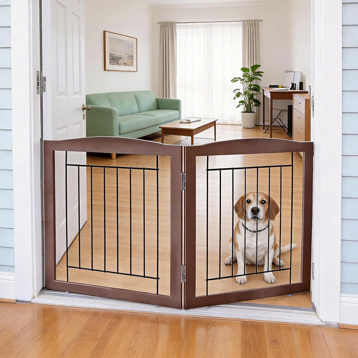 Freestanding Foldable Dog Gate for House Extra Wide Wooden White Indoor Puppy Gate Stairs Doorways Pet Gate Tall Dog Fence 3 Panels Fence
